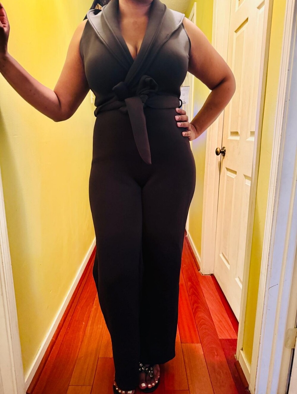 Jasmine Sportswear Sleeveless Scuba Jumpsuit with Shawl Collar in Black